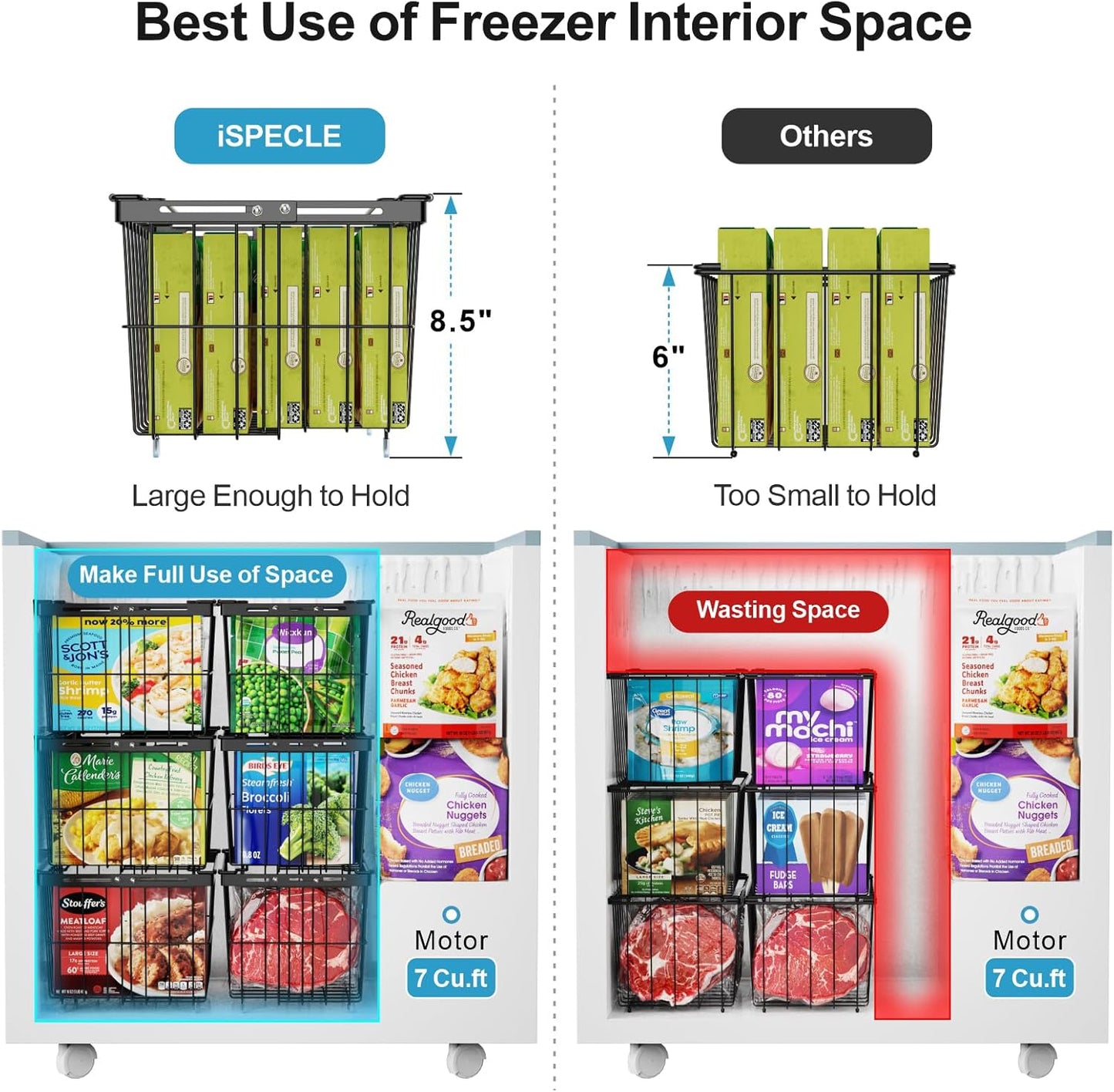iSPECLE Freezer Organizer Bins - 6 Pack Adjustable & Extra Large Chest Freezer Organizer Bins for 5 to 9 Cu.Ft Deep Freezer, Easy Organize Basket Store More, Stackable No Wasted Space, Black
