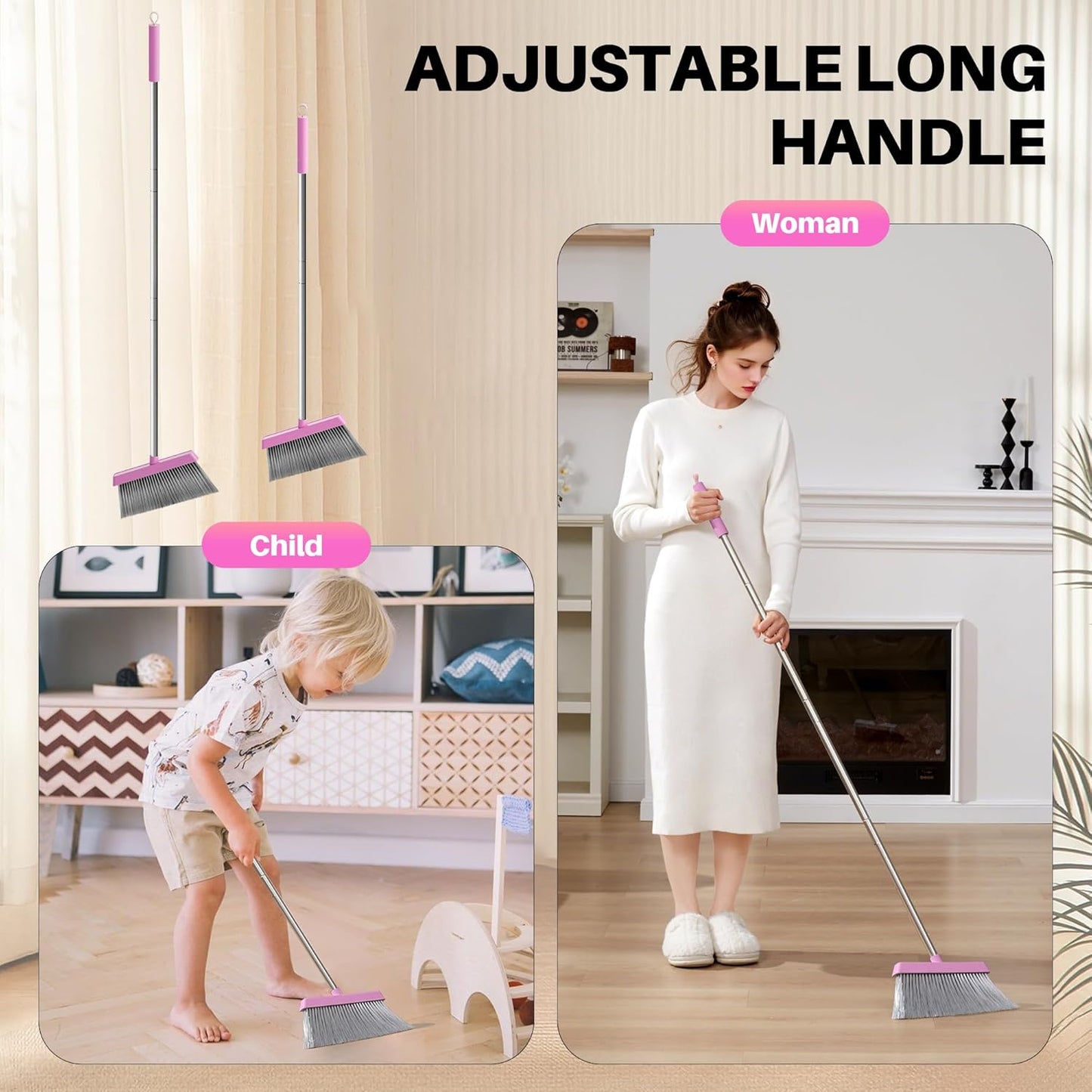 JOYMOOP Pink Broom and Dustpan Set, Upright Angle with Built-in Comb Teeth for Kitchen, Lobby, Pet Hair and Hard Floors