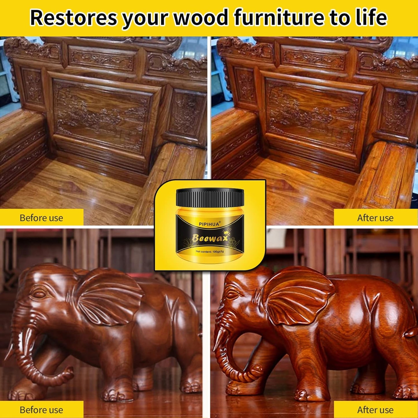 PIPIHUA Beeswax Polish and Conditioner for Wood Furniture - Waterproof & Restorer Wood Wax, Multipurpose Beeswax Furniture Polish and Cleaner for All Types and Colours(4×100g with 8 Sponges)