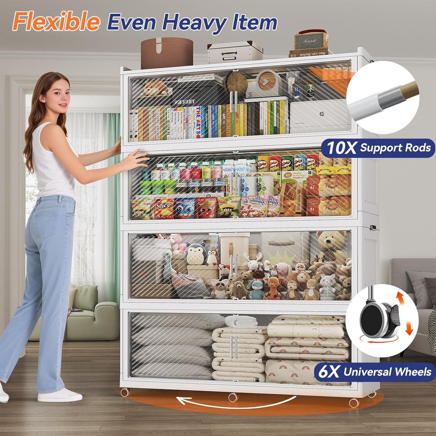 150 Gallon Extra Large Collapsible Storage Bin with Lid, 600QT Stackable Plastic Organizer with 6x Wheels, Foldable Drawer Cabinet for Closet, Living Room Office Dorm 3Pack, White