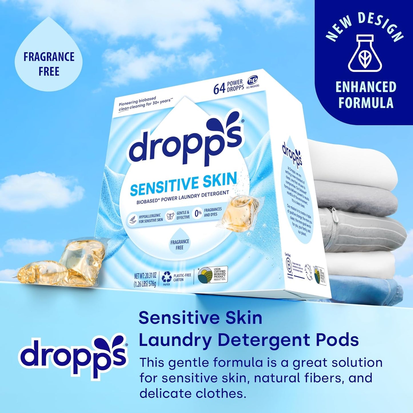 Dropps Sensitive Skin Laundry Detergent Pods, Unscented (64 Count) - Dermatologist Tested Laundry Pods - HE Compatible Laundry Supplies for Clean Clothes, Vegan & Dye-Free