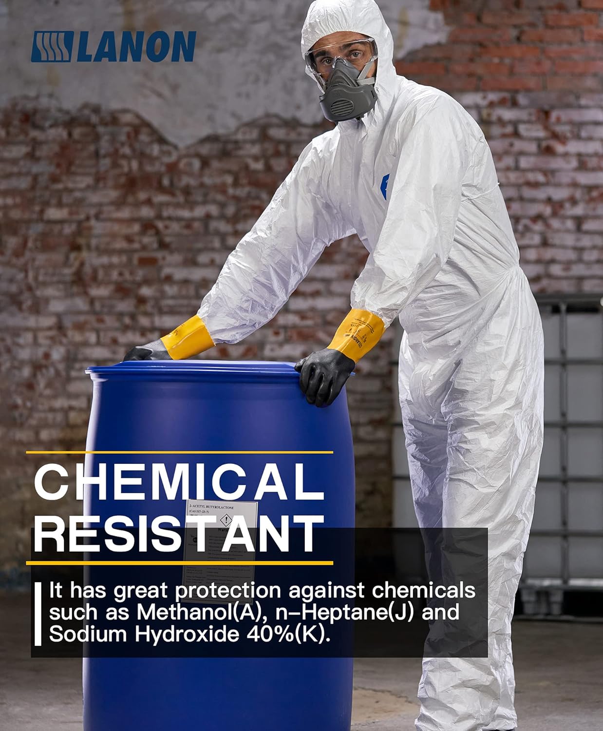 LANON 3 Pairs PVC Chemical Gloves, Thick Rubber Work Gloves, Heavy-Duty, EN 374/388, Acid, Alkali and Oil, Non-Slip, Large