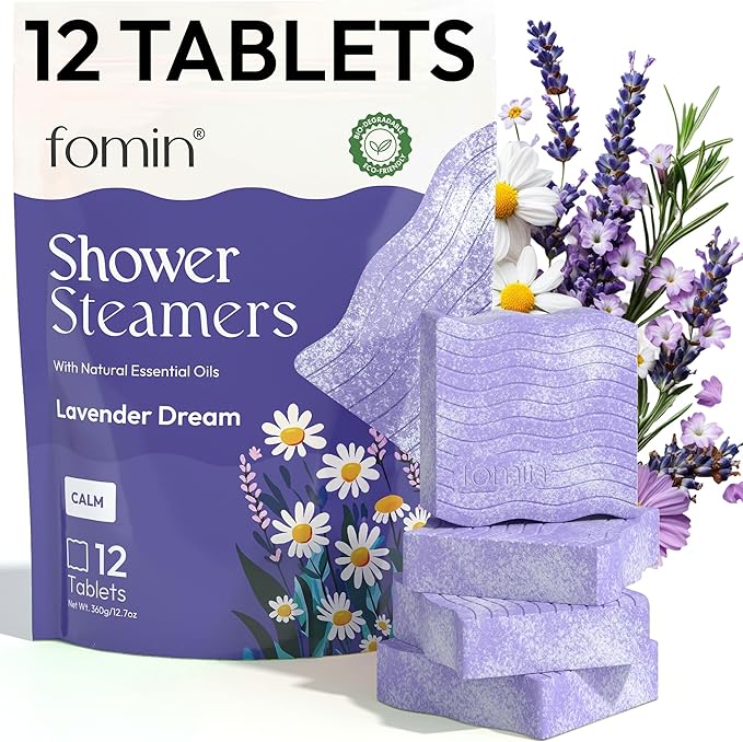 FOMIN Aromatherapy Shower Steamers - 12 Count - Lavender Dream Bath Bombs with Essential Oils for Stress Relief & Relaxation - Self Care, Spa Gifts for Women and Men - Shower Aroma for Body Wellness