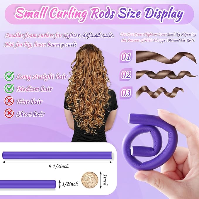 30Pcs Small Foam Hair Curlers, 9.45" Length x 0.47" Diameter, No-Heat Flexible Curling Rods for Short, Medium and Long Hair