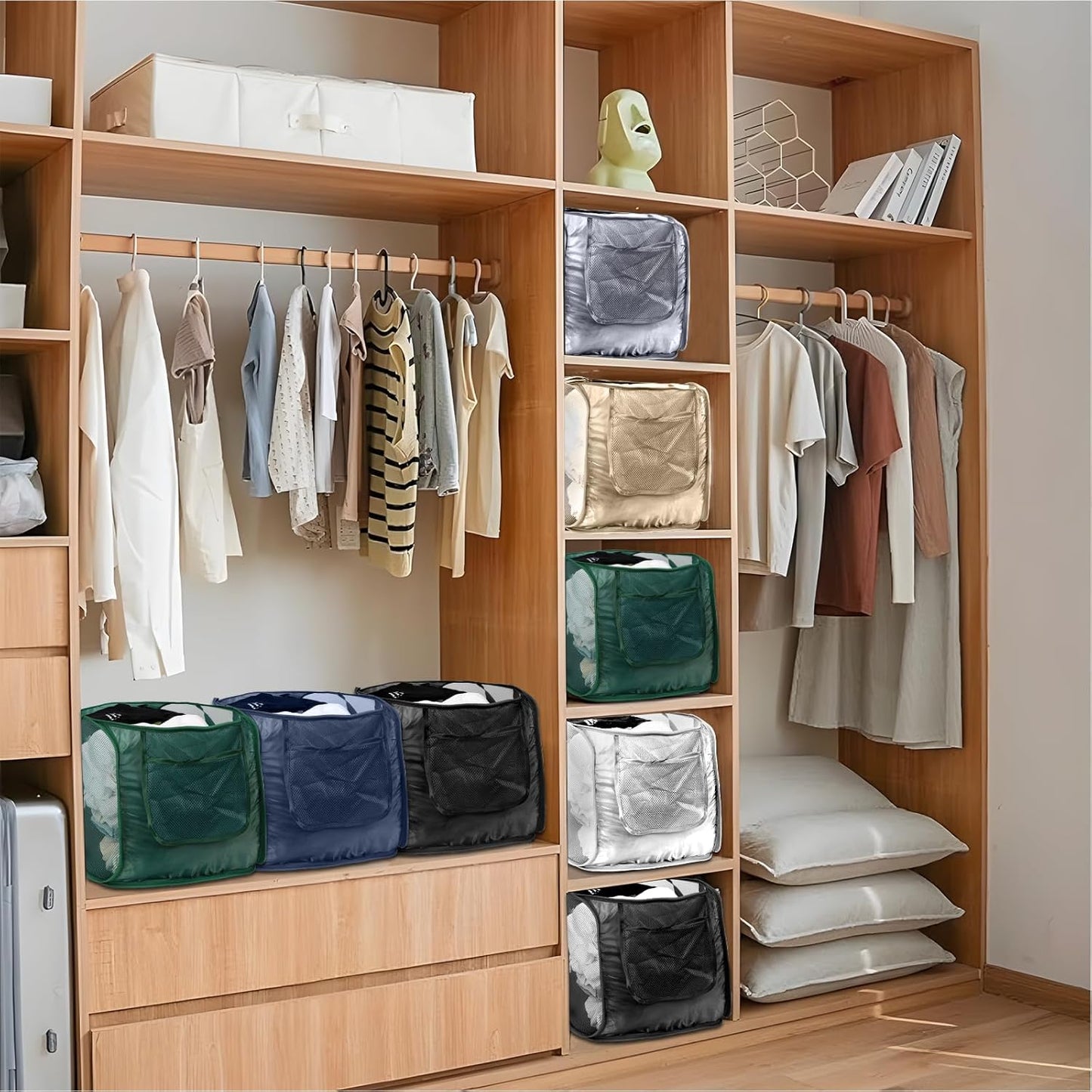 2 Pack Closet Storage Bins, Storage Containers for Closets, Fabric Closet Bins for StorageDecorative ,Collapsible Baskets for Organizing Clothes Toy Nursery (Beige/Gray)