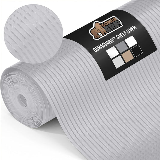 GORILLA GRIP DuraGuard Shelf Liner, Non-Adhesive Cabinet Liners for Kitchen Drawers, Shelves, Refrigerator, Pantry Storage, Bathroom Closet, Durable Waterproof BPA Free Ribbed Plastic, 12x10 Lt Gray
