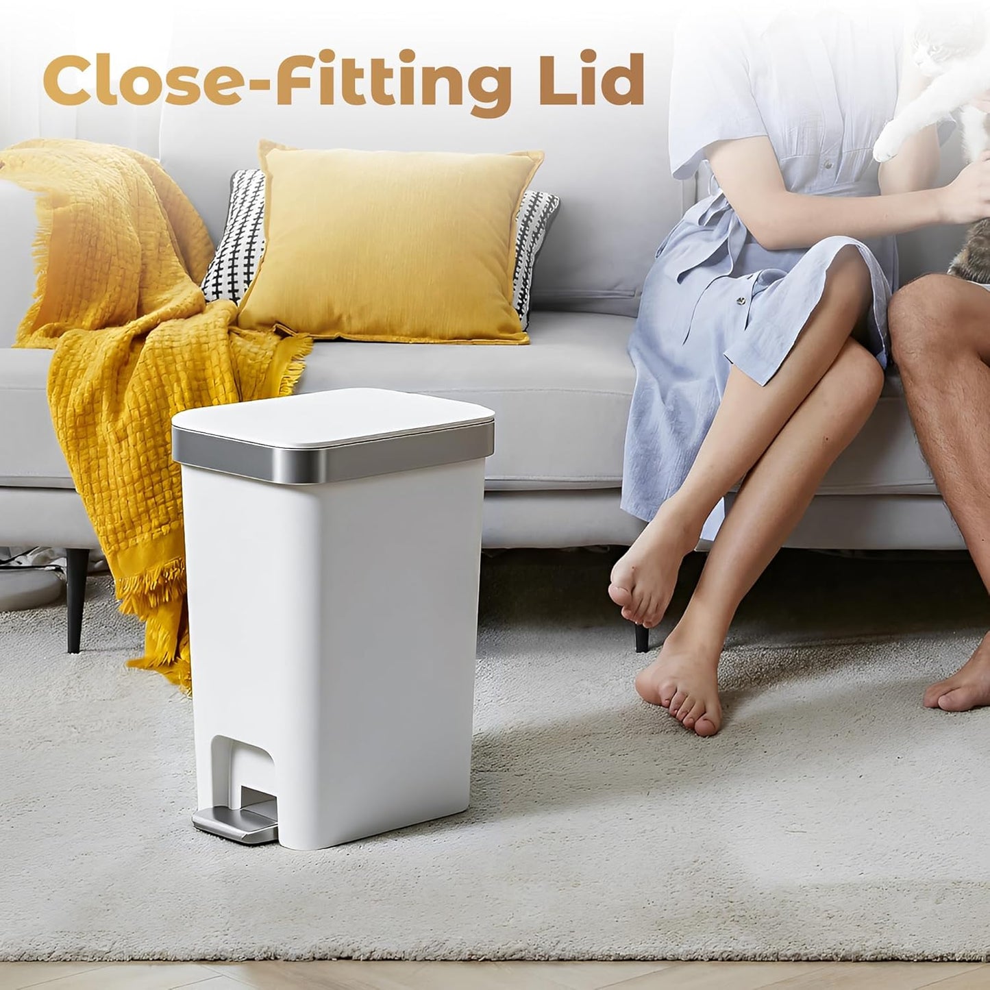 Small Bathroom Trash Can with Lid Soft Close, 10 Liter/2.6 Gallon Slim Garbage Can-Metal Step and Press top Lid, Mini Modern Waste Basket for Toilet, Office, Bedroom,Dorm,Grayish-White