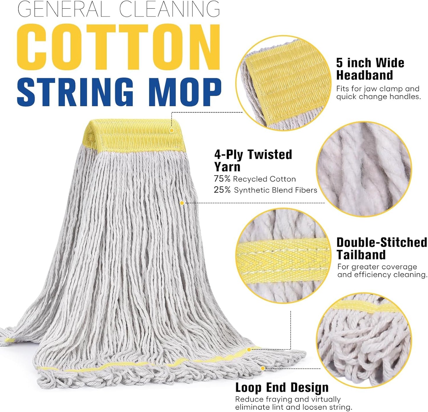 Matthew Cleaning Commercial Mop Head Replacement, 5 Inch Wide Headband, Looped End Cotton Blend String Wet Mops for Floor Cleaning, 18 oz Medium, Case Pack 12 Pcs White