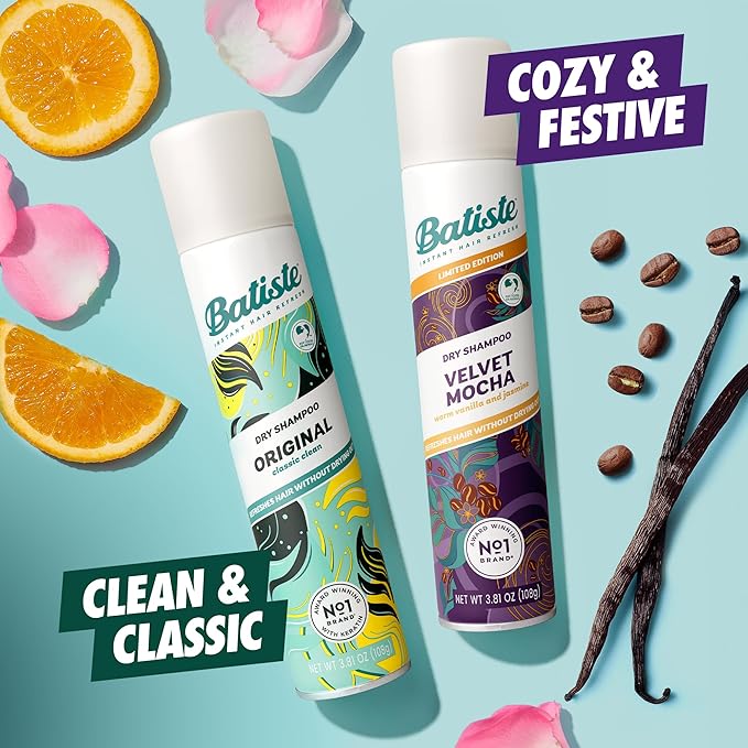 Batiste Dry Shampoo Limited Edition Holiday Gift Set Duo, Velvet Mocha & Original Scent, Refreshes Hair, Removes Oil & Grease, 7.62 Oz, 2 Pack