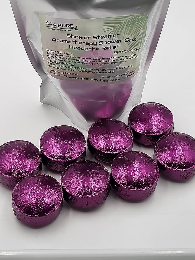 Spa Pure Aromatherapy Shower Steamers: Lavender-Eucalyptus Shower Bomb, Bath Melt, Soothers, USA Made with 100% Natural/Organic Essential Oils - Transform Your Shower (8 Count) Pack of 1