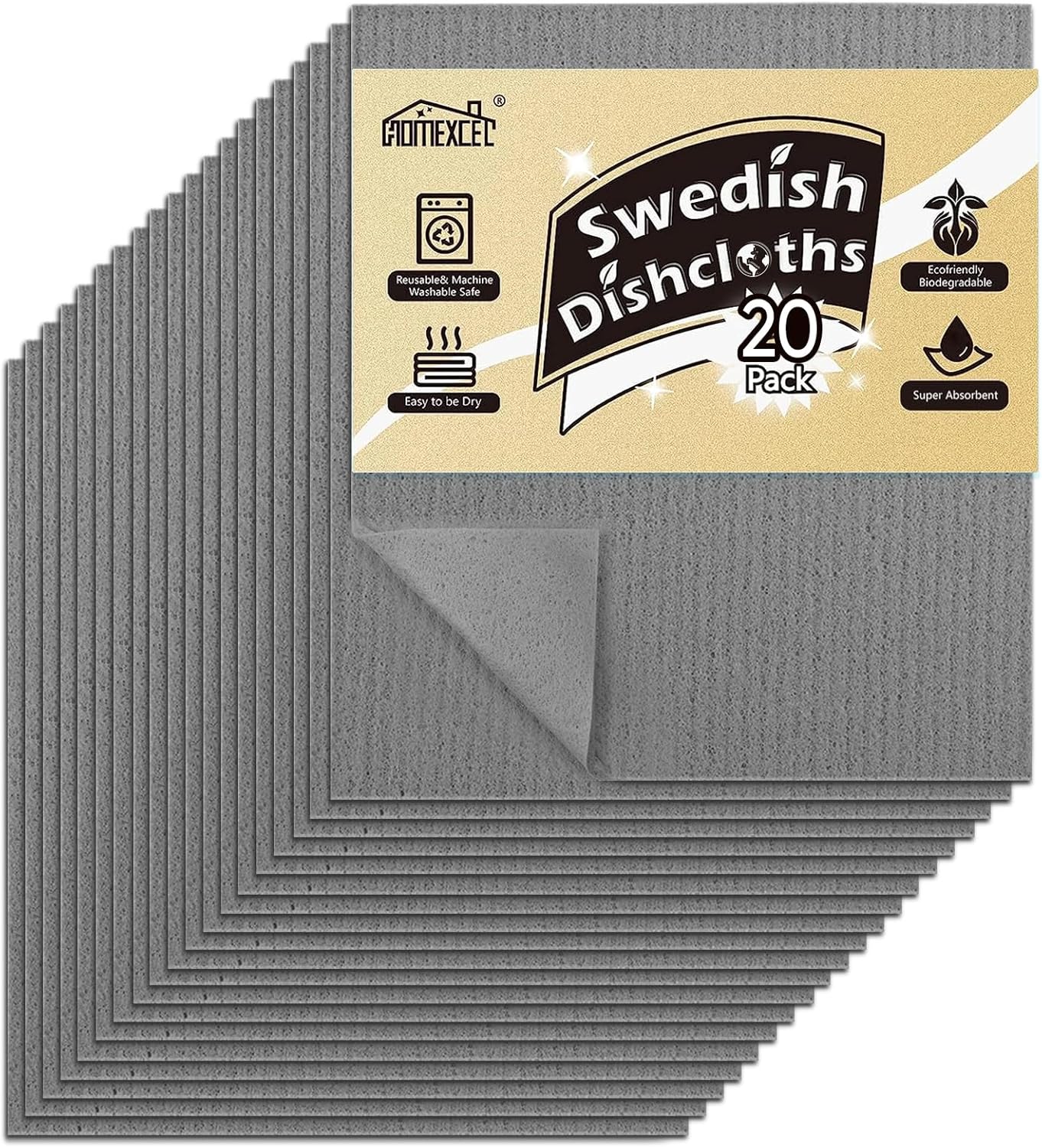 HOMEXCEL Swedish Dishcloths for Kitchen 20 Pack, Sponge Dish Cloth for Counters & Washing Dishes, Reusable and Absorbent Paper Towels, Grey