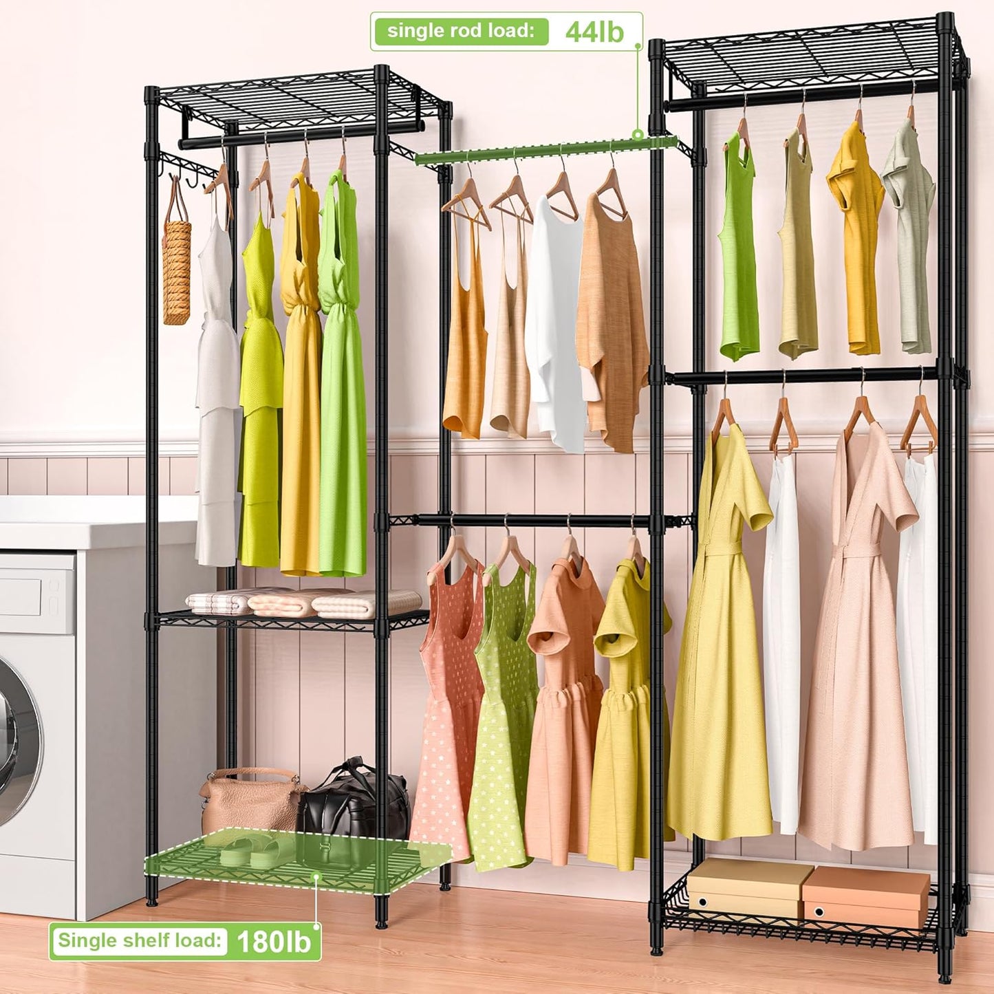 Heavy Duty Clothes Rack, Freestanding Garment Rack System Closet Organizer for Hanging Clothes, Metal Wire Clothing Rack with 5 Shelves & 5 Rods,Adjustable Wardrobe Shelf,Black