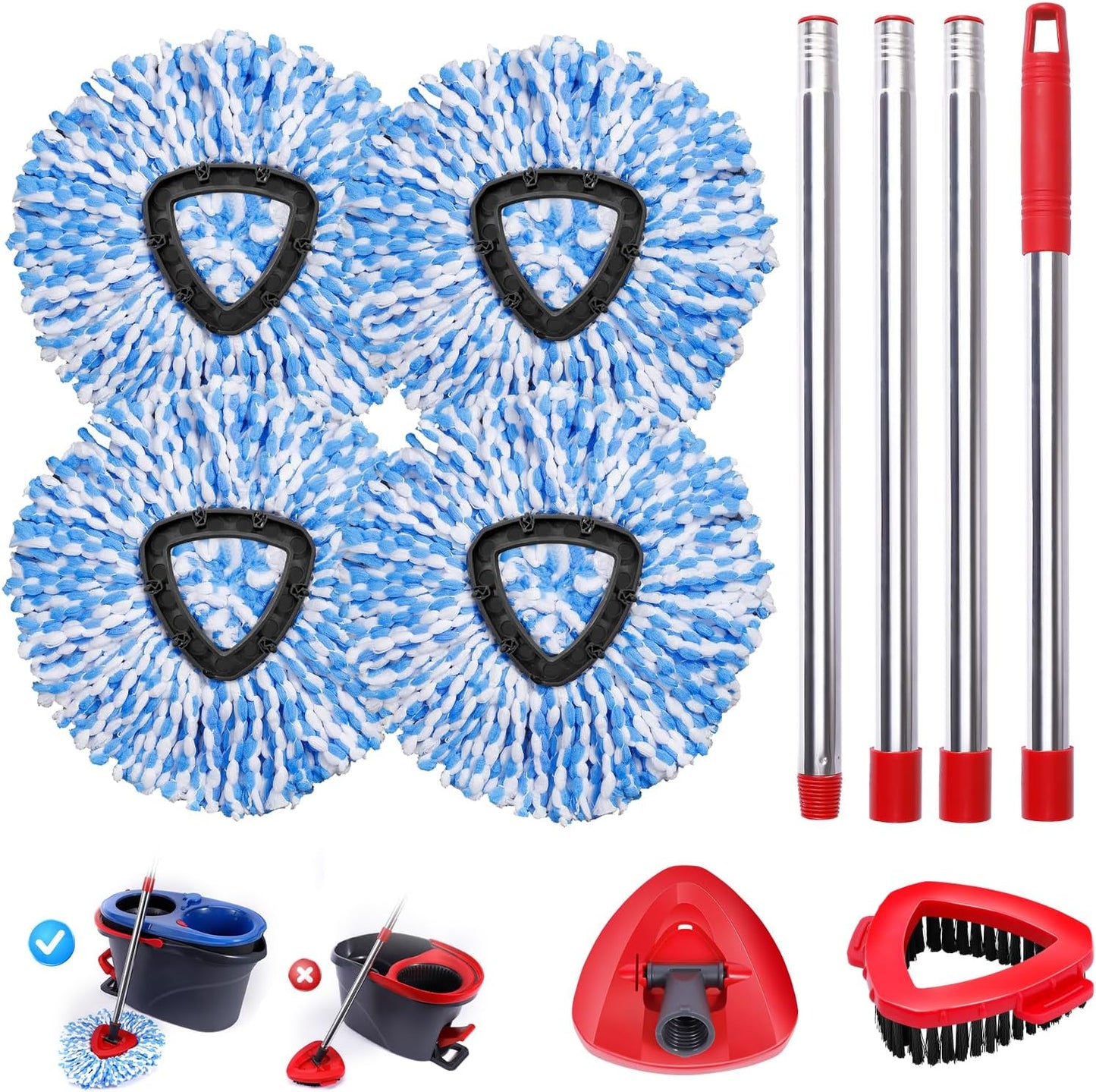 Mop Heads Replacements Complete Combo Set for O-Ceda,4 Pcs Machine Washable Microfiber Spin Mop Refills Replace Heads,1Scrub Brushs,1Base,1 Set Handle,Spin Replacements for Tub and Tile Cleaning