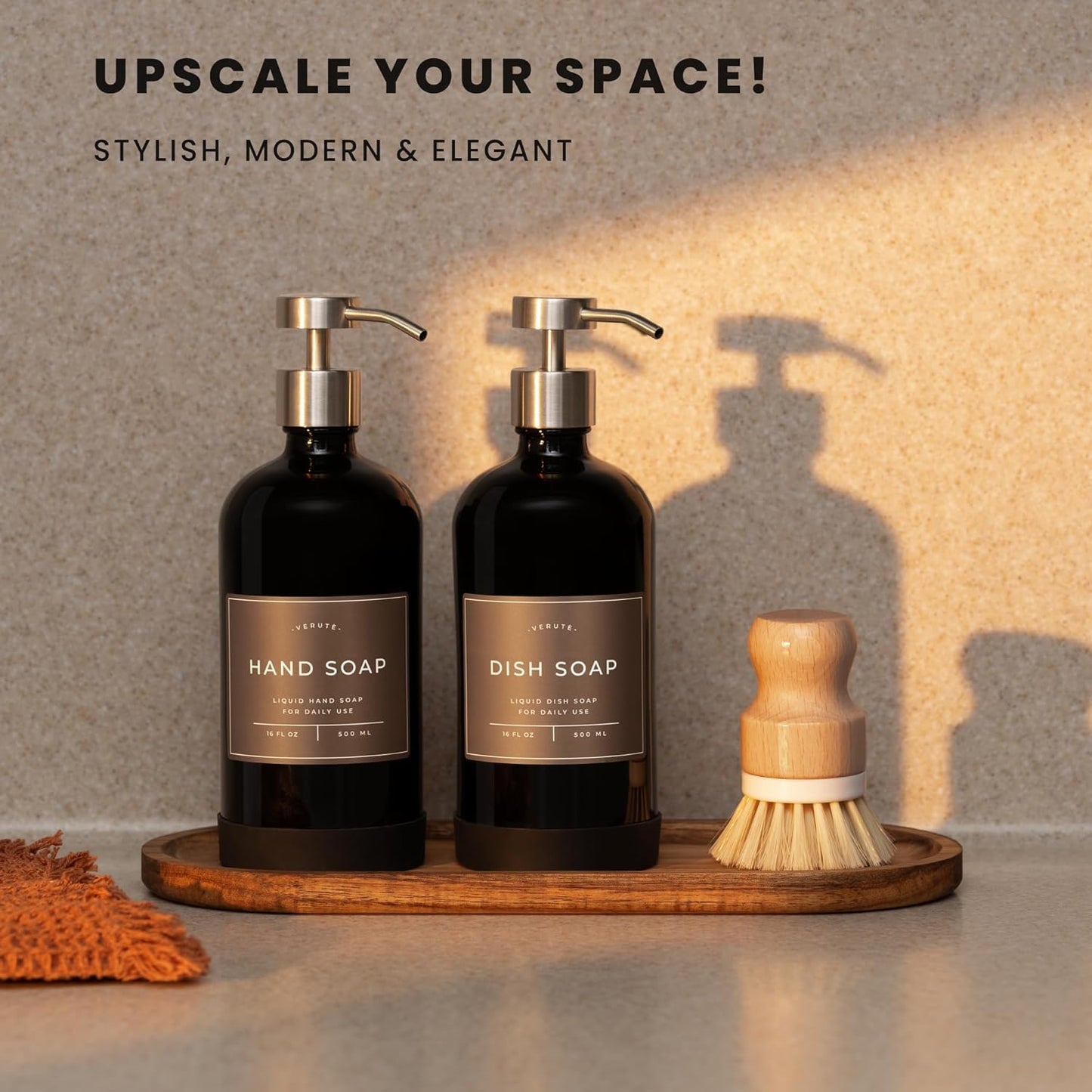 16oz Glass Soap Dispenser with Stainless Steel Pump, 21 Waterproof Labels, Non-Slip Protective Silicone Pad, Set of 2 for Bathroom & Kitchen (Gloss Black Bottle/Brushed Silver Pump)