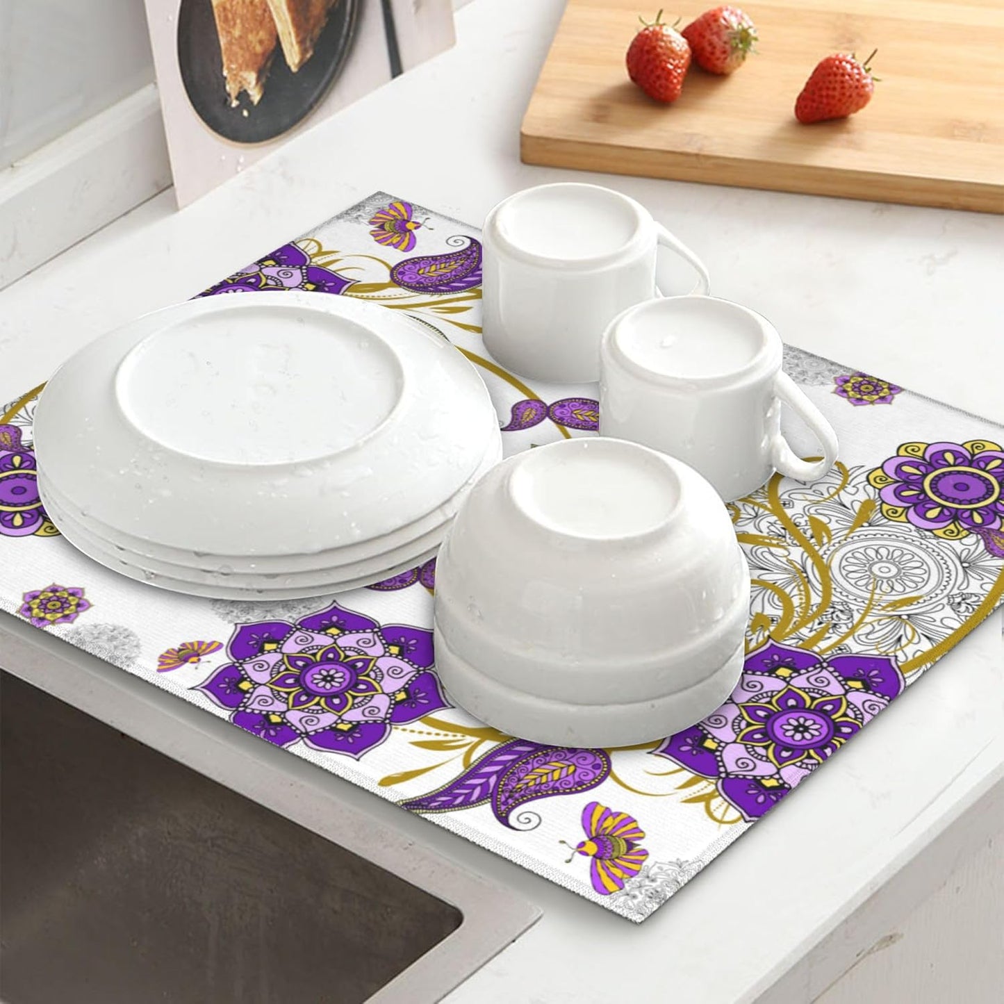 Boho Floral Dish Drying Mat for Kitchen Counter Washable Absorbent Reversible Microfiber Purple Flower Drying Pad Kitchen Accessories 16x18 Inch