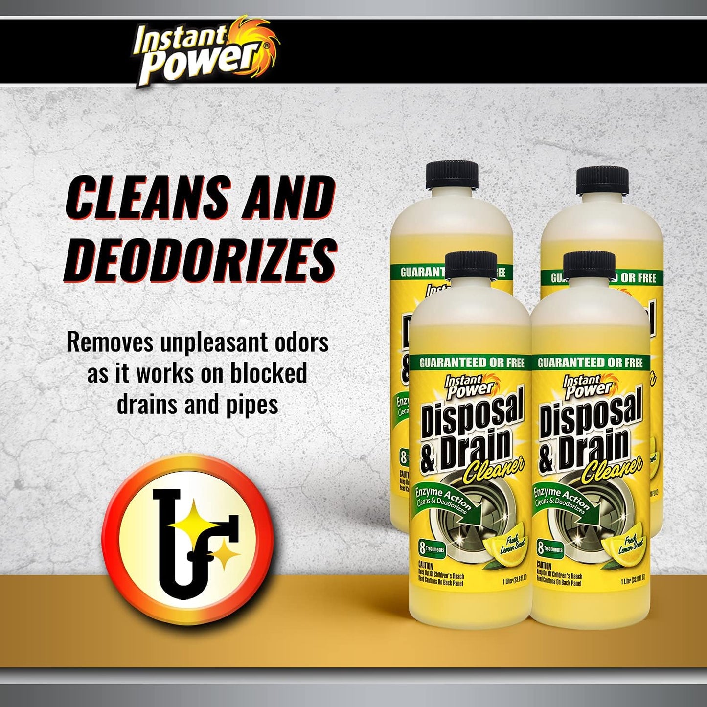 Instant Power Disposal and Drain Cleaner – Liquid Enzyme Clog Remover, Cleans and Deodorizes, Removes Drain Blockages, Fresh Lemon Scent 33.8 Fl oz, 1 Liter 4 Pack