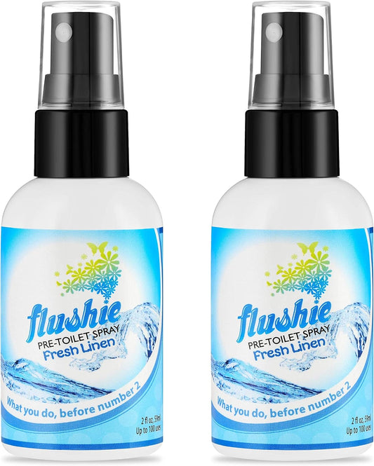 Flushie Pre-Toilet Spray - Travel Size Toilet Deodorizer and Poop Odor Eliminator (Linen, 2oz 2pack)