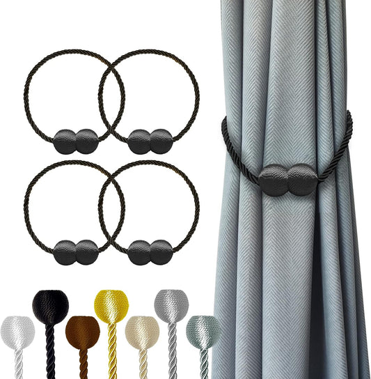 Hion Magnetic Curtain Tiebacks 4 Pack, Nickel-plated Metal and Polyester, Black