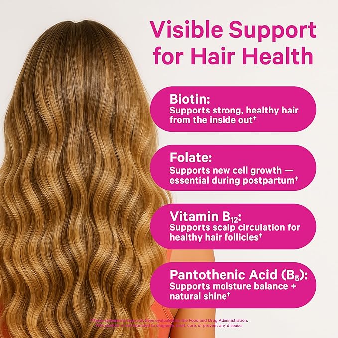 Pink Stork Postpartum Hair Loss Gummies | Biotin, Pantothenic Acid, Vitamin E, B6, B12 | Postnatal Hair Growth + Regrowth Support for New Moms | Breastfeeding-Friendly | 60 Gummies