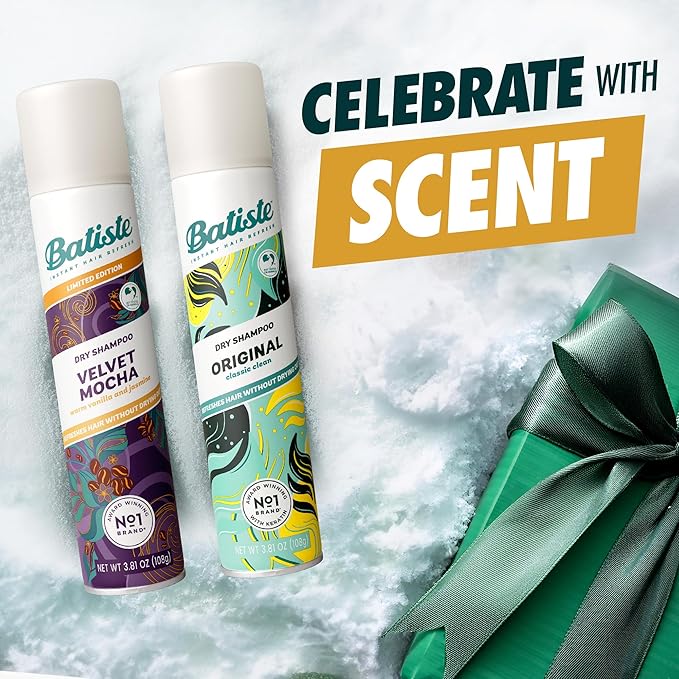 Batiste Dry Shampoo Limited Edition Holiday Gift Set Duo, Velvet Mocha & Original Scent, Refreshes Hair, Removes Oil & Grease, 7.62 Oz, 2 Pack