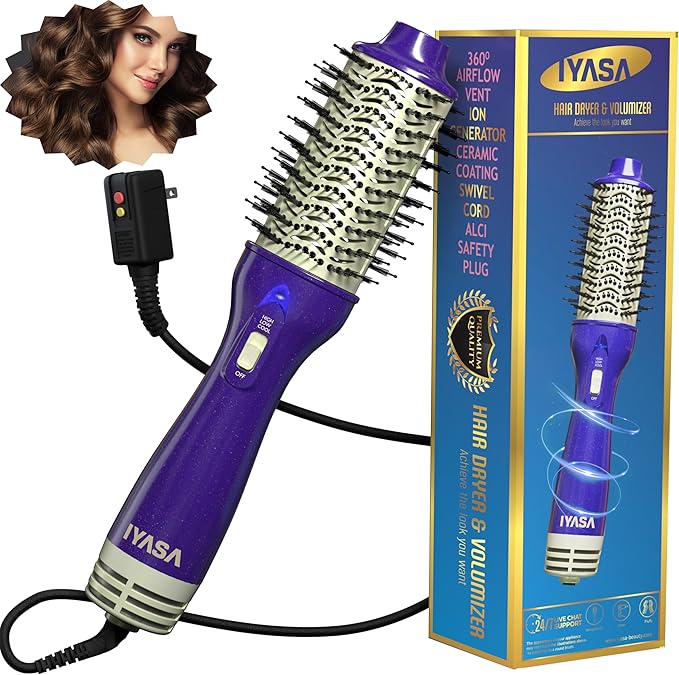 3” Large Barrel Ionic Hot Air Brush Hair Dryer – 75 mm One‑Step Volumizer Blowout Brush for Thick & Long Hair, 1100 W Plastic‑Tourmaline, Frizz Control, 3 Heat / 2 Speed, 13” Length
