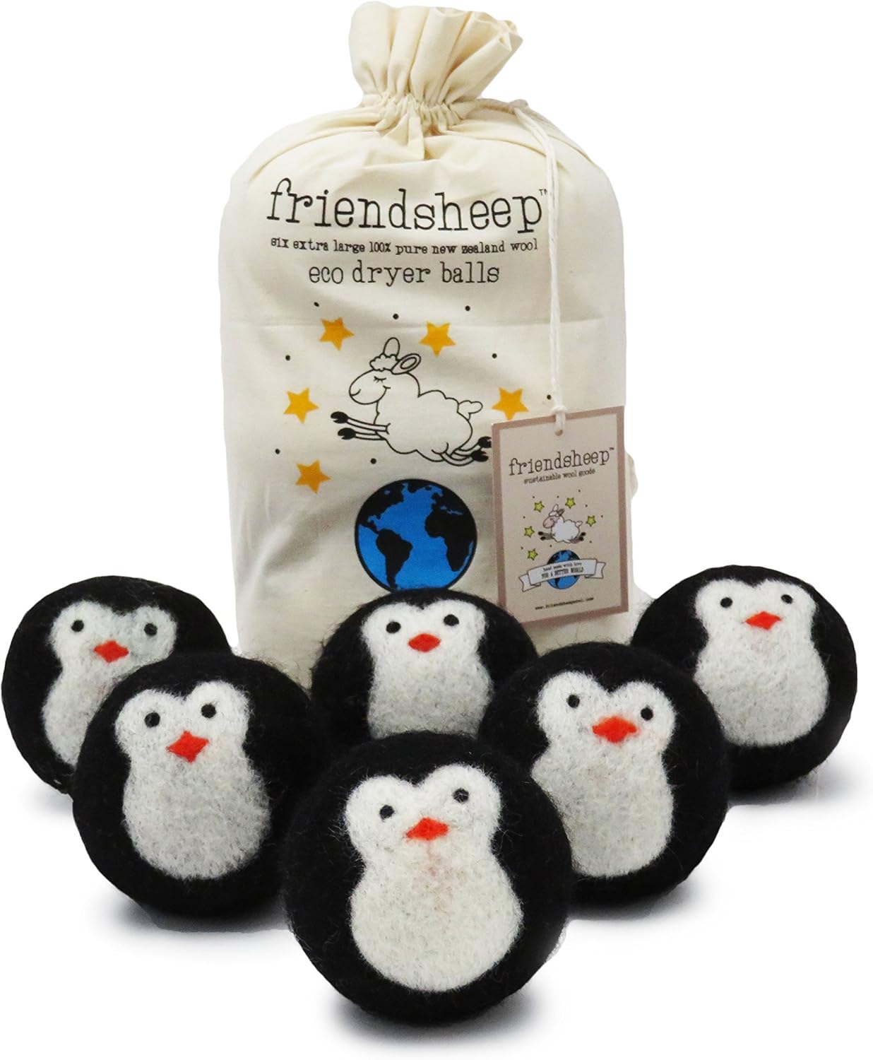 Friendsheep Wool Dryer Balls, Organic Fair Trade Reusable Fabric Softener, Extra Large, 6 Pack, Black Penguin - Cool Friends