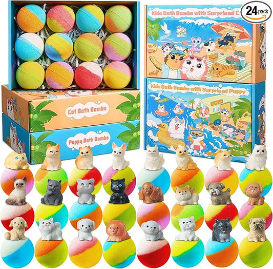 Bath Bombs for Kids with Surprise Inside, 24 Pack Kids BathBombs with Puppy & Cat Toys, Child-Safe Natural Bath Bombs with Toys Inside for Girls and Boys, Birthday Party Favors