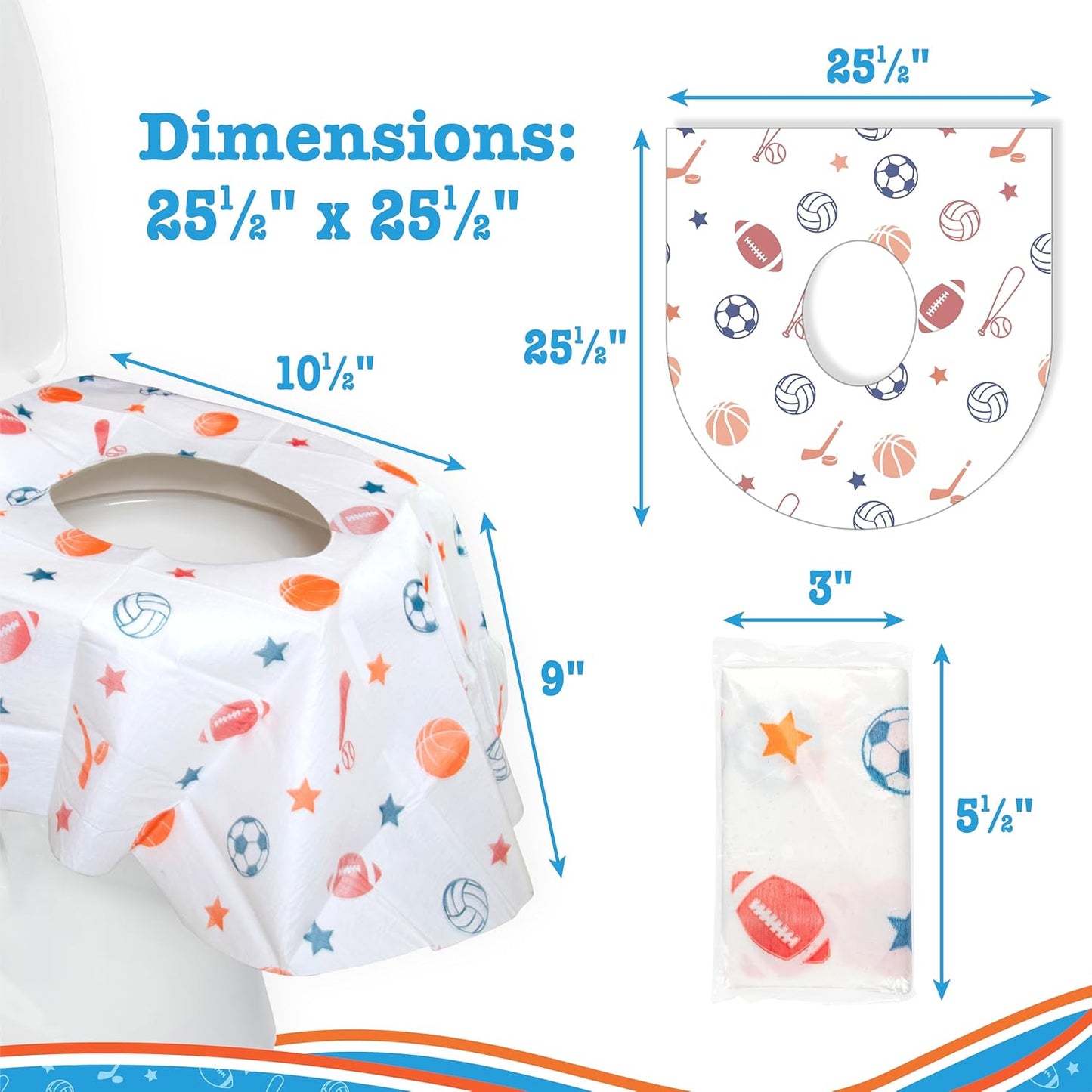 Disposable Toilet Seat Covers for Kids & Adults, 40 Pack - Protect from Public Toilet Germs While Potty Training & More - Extra Large, Waterproof, Portable, Individually Wrapped - Blue/Sports