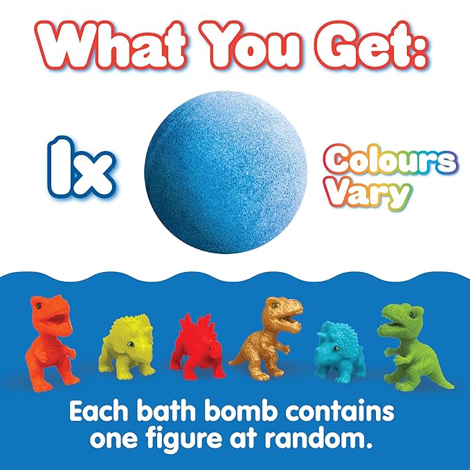 Large Dino Surprise Bath Bomb, 6 Surprise Dinosaur Toys to Collect in Total, One Per Bath Bomb, Children's Fizzing Toy, Birthday Gift for Boys & Girls, Stocking Filler Present