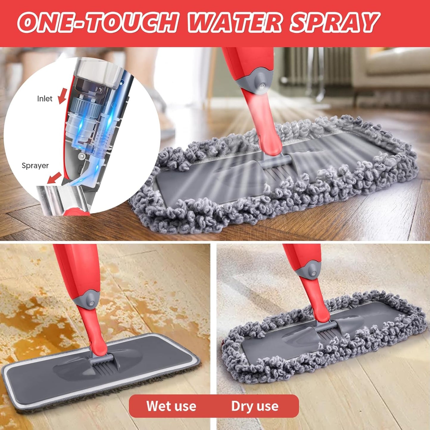 HOMTOYOU Dust Mop for Hardwood Floors: Microfiber Spray Mop for Cleaning Laminate Wood Tile Home Kitchen - 3 Washable Reusable Pads & 1Pcs 400+ML Refillable Bottle