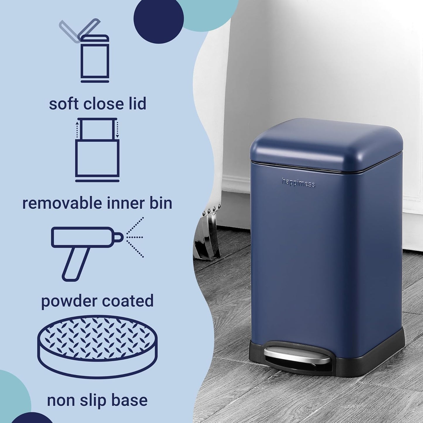 happimess HPM1012F Betty Retro Mini 3.2-Gallon Step-Open Trash Can, Fingerprint Resistant, Modern, Minimalistic for Home, Kitchen, Laundry Room, Office, Bedroom, Bathroom, Denim Blue