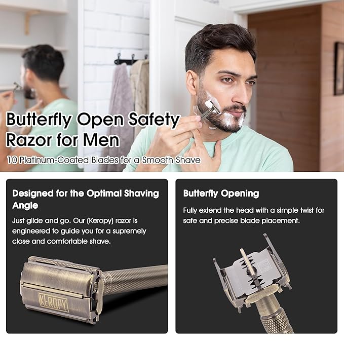 Premium Brass Double Edge Safety Razor - Anti-Rusted Mens Butterfly Razor with 10 Blades - Heavy Brass Construction, Beginner Friendly Wet Shaving Single Blade Razor Kit - Bronze