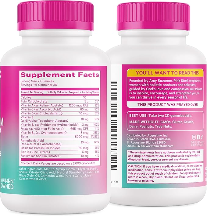 Pink Stork Postpartum Hair Loss Gummies | Biotin, Pantothenic Acid, Vitamin E, B6, B12 | Postnatal Hair Growth + Regrowth Support for New Moms | Breastfeeding-Friendly | 60 Gummies