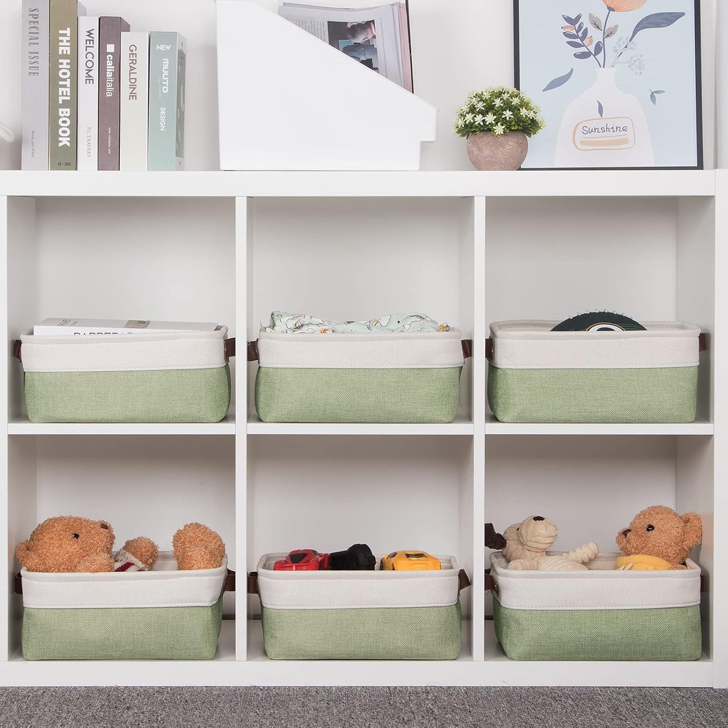 HNZIGE Collapsible Storage Baskets for Shelves(6pack) Small Fabric Bins with Handles, Linen Baskets Organizer Bins for Organizing Closet Nursery Home Shelves(White&Green, 11.8" x 7.8" x 5.1")