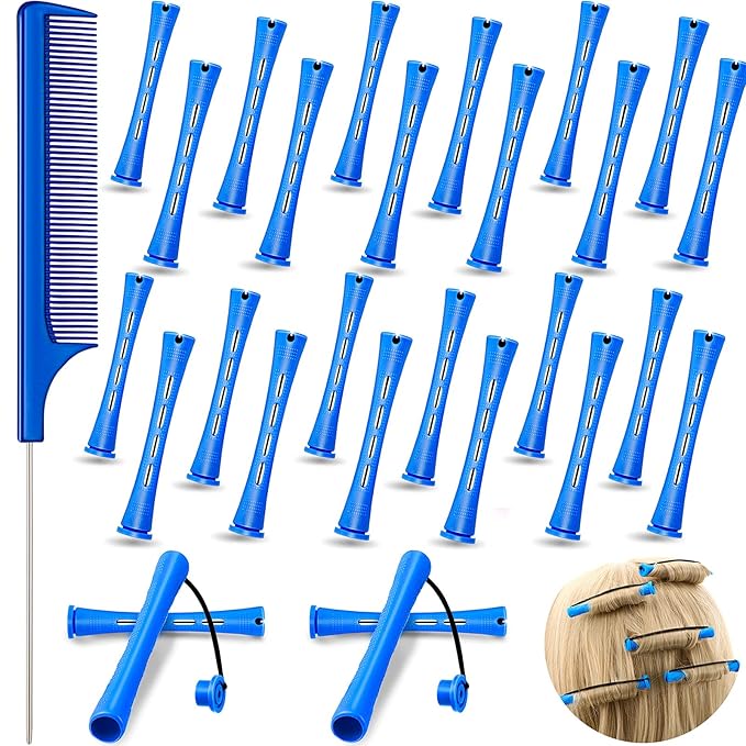 24 Pieces Plastic Hair Perming Rods and Rollers with Steel Pintail Comb for Hairdressing Styling (0.35 Inches, Blue)