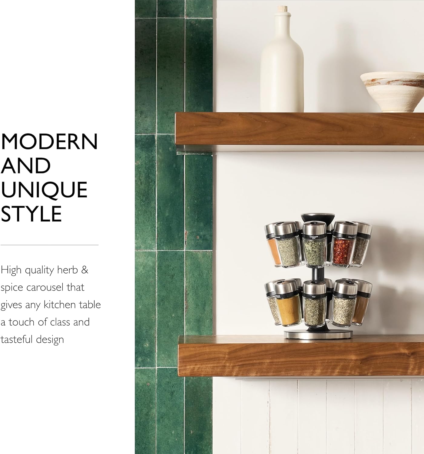 Cole & Mason 16 Herb & Spice Carousel - Rotating Spice Rack - Metal Two-Tier Organizer - Lazy Susan Style - Stainless Steel/Black, 10 inch