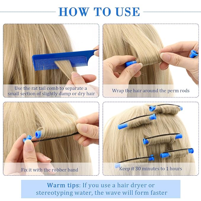 24 Pieces Plastic Hair Perming Rods and Rollers with Steel Pintail Comb for Hairdressing Styling (0.35 Inches, Blue)