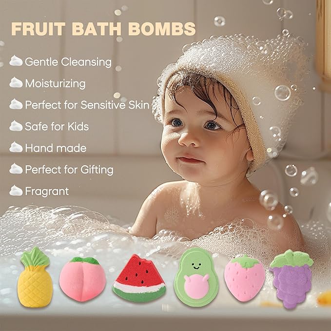 Bath Bombs for Teen Girls Boys– Fruit Shaped, Handmade Natural & Non-Toxic with Surprise Inside, Colorful Fun Bath Stuff for Kids Ages 3+