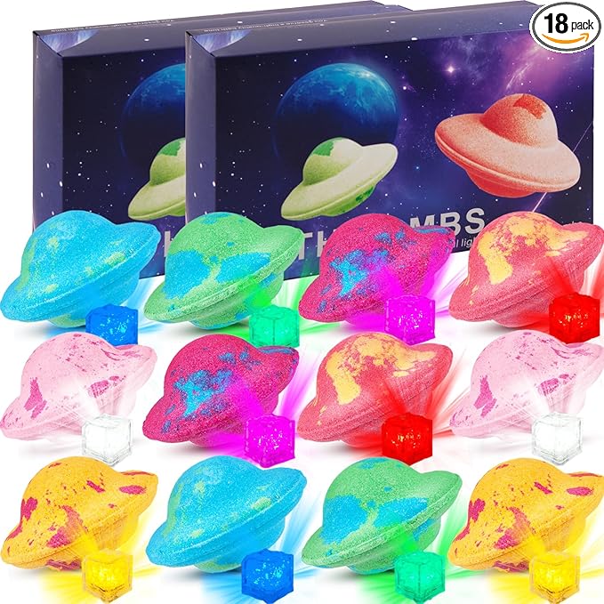 Light Up Bath Bombs with Surprise Light Cube Inside 18 Set 4 Ounce Big Size Romantic Saturn Natural Organic Saturn Bubble Bath Shower Bomb for Women Handmade Bubble Relaxing Spa Gift Bath Skin (12PCS)