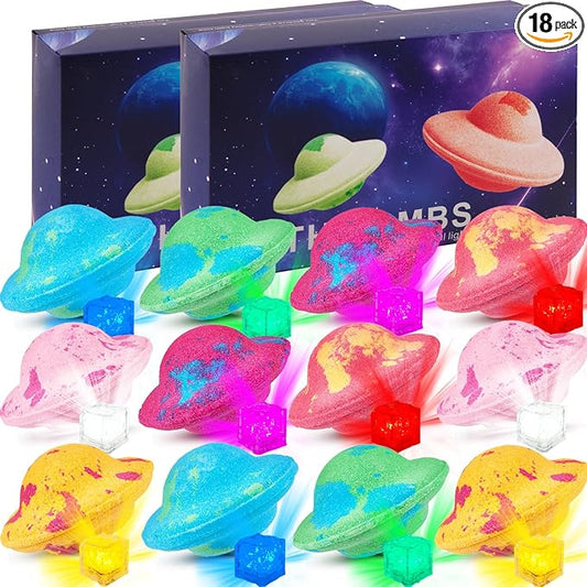 Light Up Bath Bombs with Surprise Light Cube Inside 18 Set 4 Ounce Big Size Romantic Saturn Natural Organic Saturn Bubble Bath Shower Bomb for Women Handmade Bubble Relaxing Spa Gift Bath Skin (12PCS)