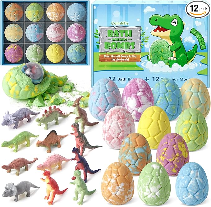 Bath Bombs with Surprise Dinosaur Toys Inside, 12 Pack Organic and Natural Bubble Bath Bombs, Stocking Stuffers for Kids, Bath Bomb Set for Her/Him,Mothers Day Presents for Mom