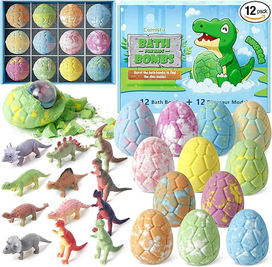 Bath Bombs with Surprise Dinosaur Toys Inside, 12 Pack Organic and Natural Bubble Bath Bombs, Stocking Stuffers for Kids, Bath Bomb Set for Her/Him,Mothers Day Presents for Mom