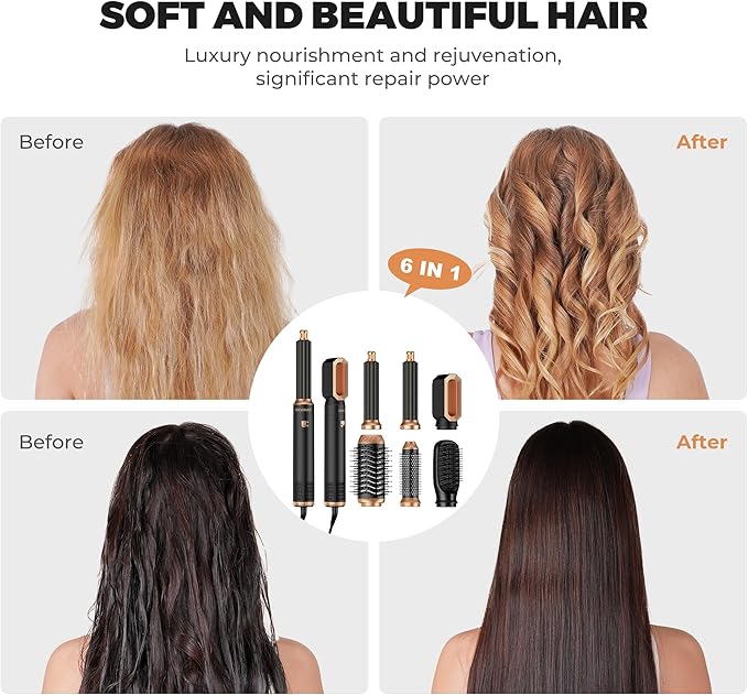 Hair Dryer Brush,6 in 1 Professional Hot Air Styler,Powerful Air Curling Wrap Styler,Negative Ionic Hair Dryer Fast Drying, Multi Hair Stylerfor Curling Volumizing Straightening Styling