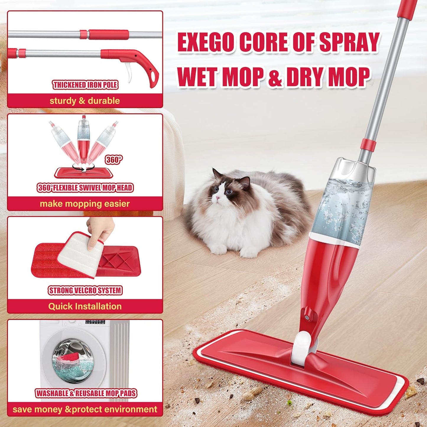 Spray Wet Mops for Hardwood Floor Cleaning: EXEGO Microfiber Dry Dust Spray Mop with 3 Washable Pads fit for Swiffer PowerMop - Wet Jet Mop Flat Floor Mops with Sprayer for Wood Laminate Ceramic Tiles