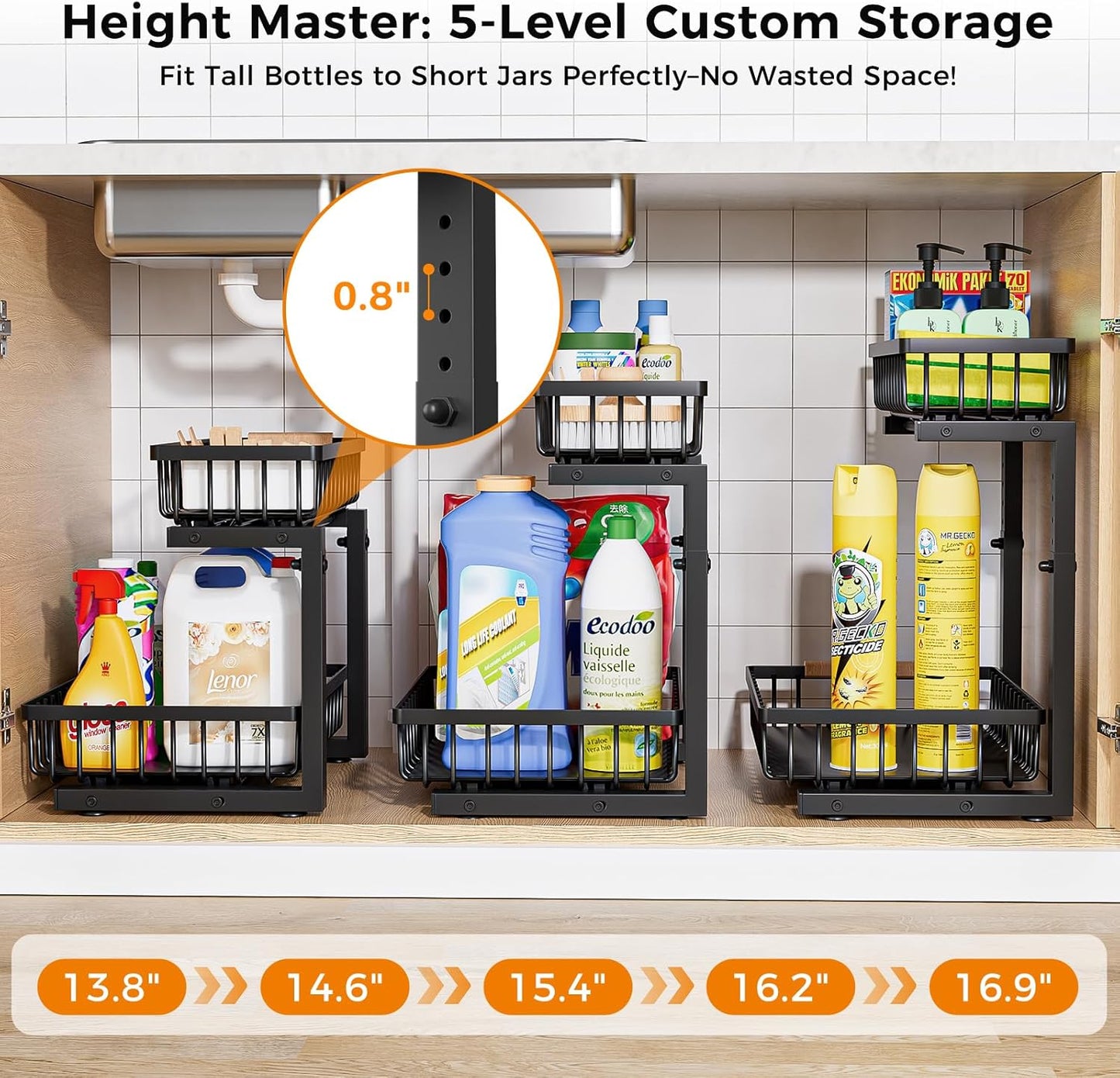 Under Sink Organizer,2 Pack 2 Tier Under Sink Organizers and Storage,Slide Out Pull Out Cabinet Organizer Shelf,Metal Sliding Drawer for Kitchen Bathroom Pantry Cabinet Closet Organization Rack Black