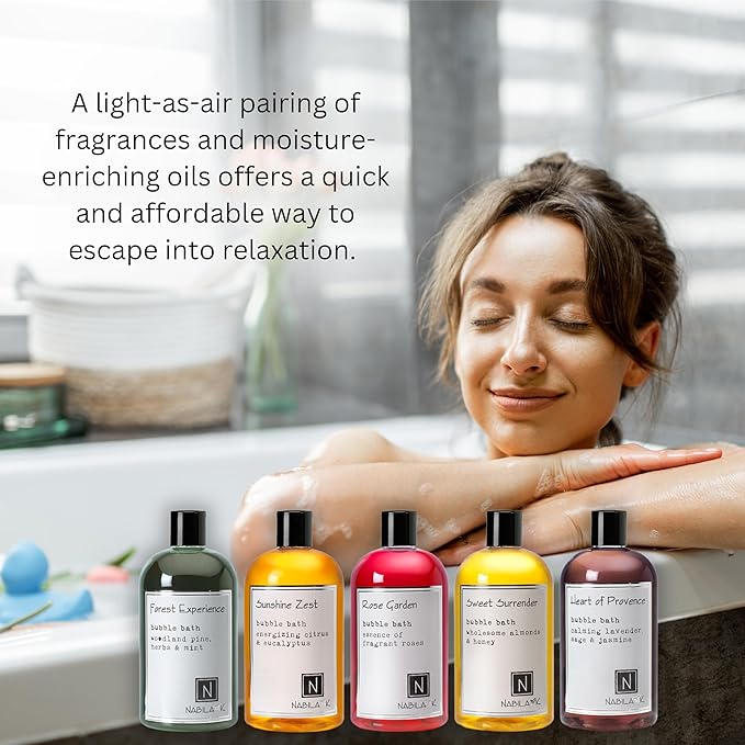 Assorted Bubble Bath Collection (Set of 5) by Nabila K - Forest Experience, Sunshine Zest, Rose Garden, Sweet Surrender, Heart of Provence - Essential Oils with Natural Ingredients - 8 oz