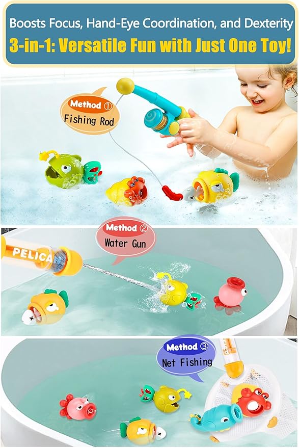 Bath Toys for Kids Ages 1-3 - Magnetic Fishing Toy Set (8 PCS) with 5 Floating Sea Animals, Net & Water Sprayer, Fun Baby Bath & Swim Time Activity, Ideal Gift for 1-6 Year Old Boys & Girls
