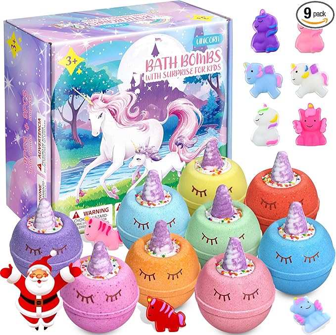 Unicorn Gifts for Kids, 9 Large Natural and Organic Unicorn Bath Bombs for Kids with Surprise Toys Inside, Birthday Gift Set for Teen Girls Boys 3-12
