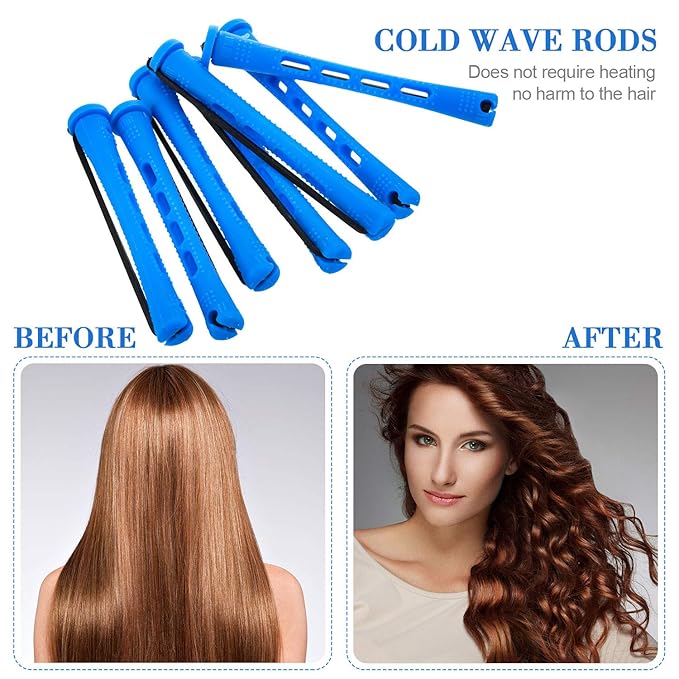 24 Pieces Plastic Hair Perming Rods and Rollers with Steel Pintail Comb for Hairdressing Styling (0.35 Inches, Blue)