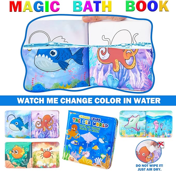 Color Changing No Hole Bath Toys for Toddlers Kids, Color Change Sea Creatures Ocean Animal Toys & Glow in The Dark Toy with Bath Book(13 Pack), Water Table Toys Rubber Fish Toys for Kids Bathtub